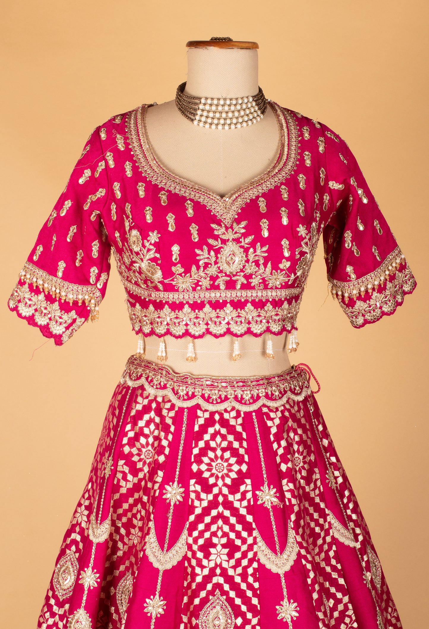 Rani Pink Zardosi Embroidered Lehenga with Short Sleeve Crop Top & Heavy Organza Dupatta