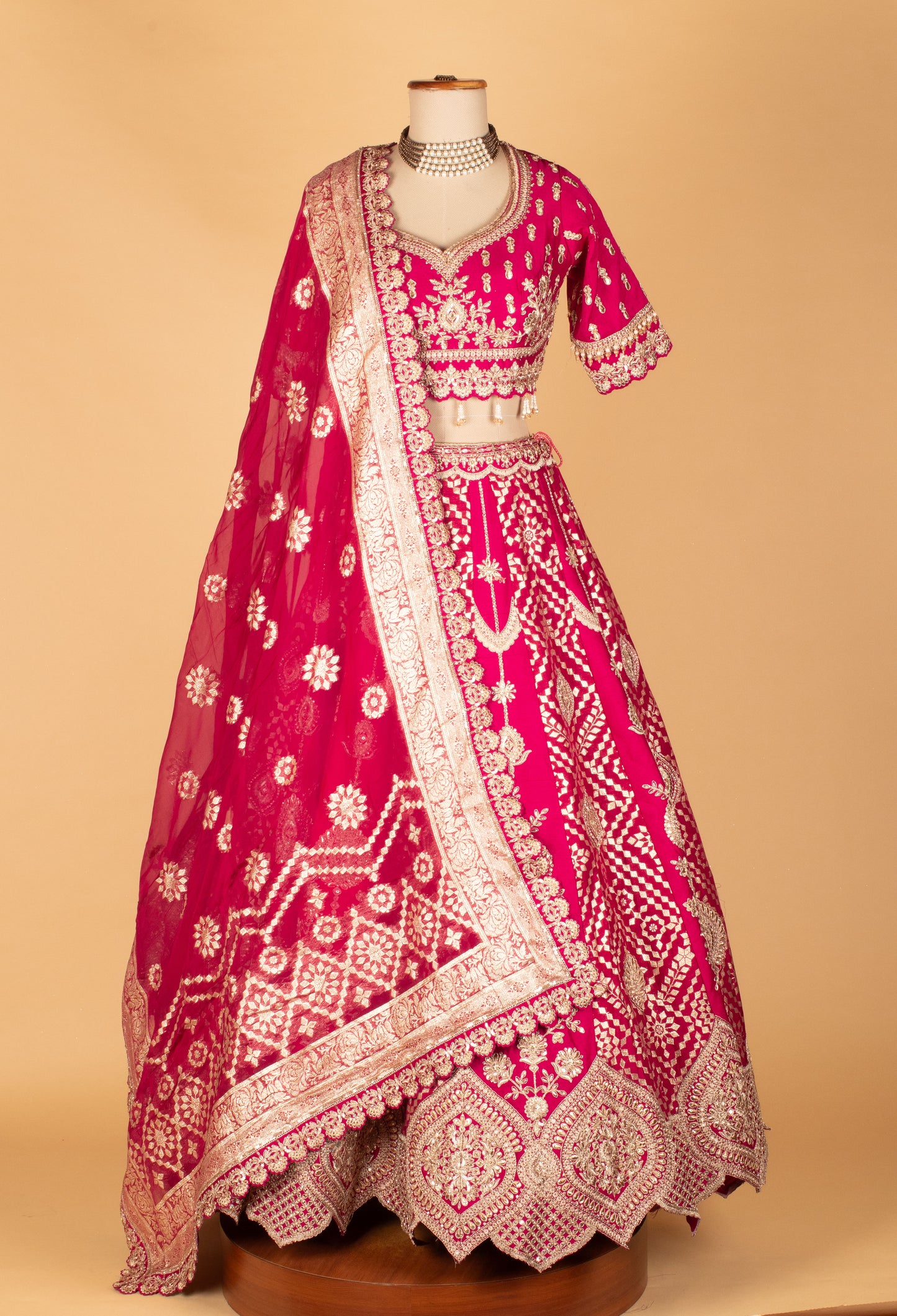 Rani Pink Zardosi Embroidered Lehenga with Short Sleeve Crop Top & Heavy Organza Dupatta