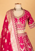 Rani Pink Zardosi Embroidered Lehenga with Short Sleeve Crop Top & Heavy Organza Dupatta