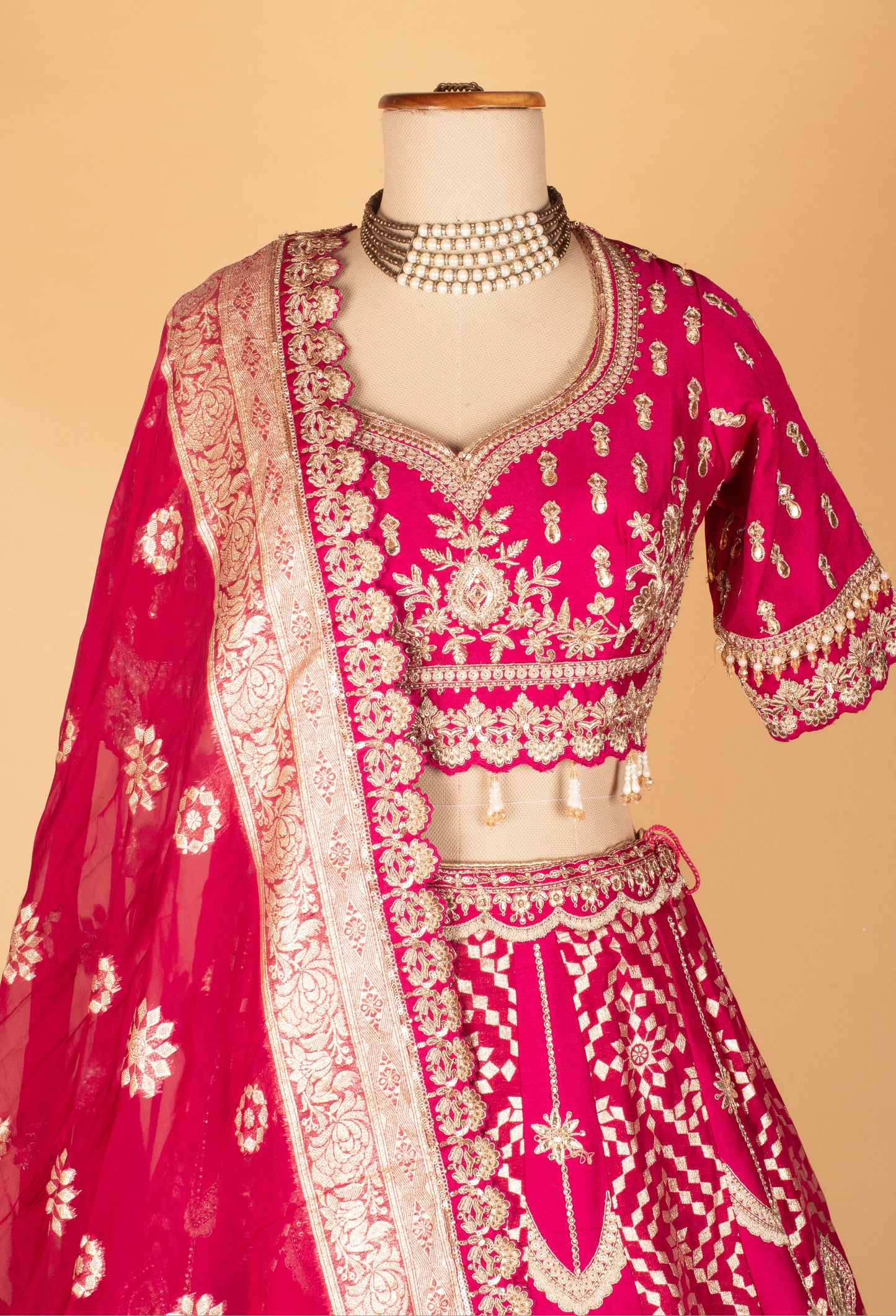 Rani Pink Zardosi Embroidered Lehenga with Short Sleeve Crop Top & Heavy Organza Dupatta