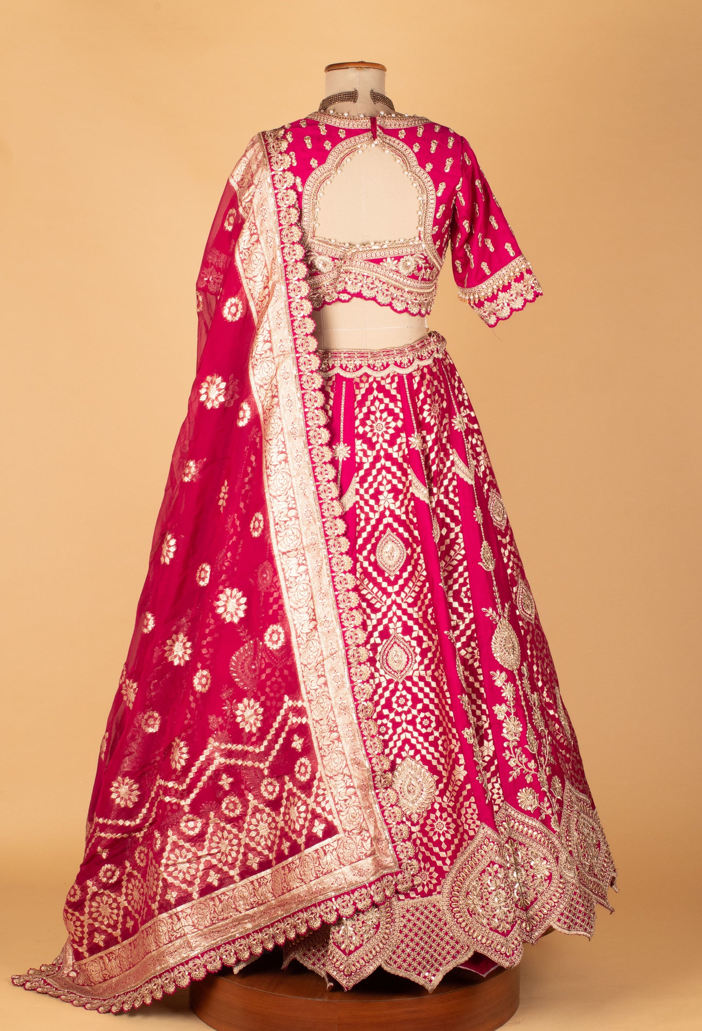 Rani Pink Zardosi Embroidered Lehenga with Short Sleeve Crop Top & Heavy Organza Dupatta