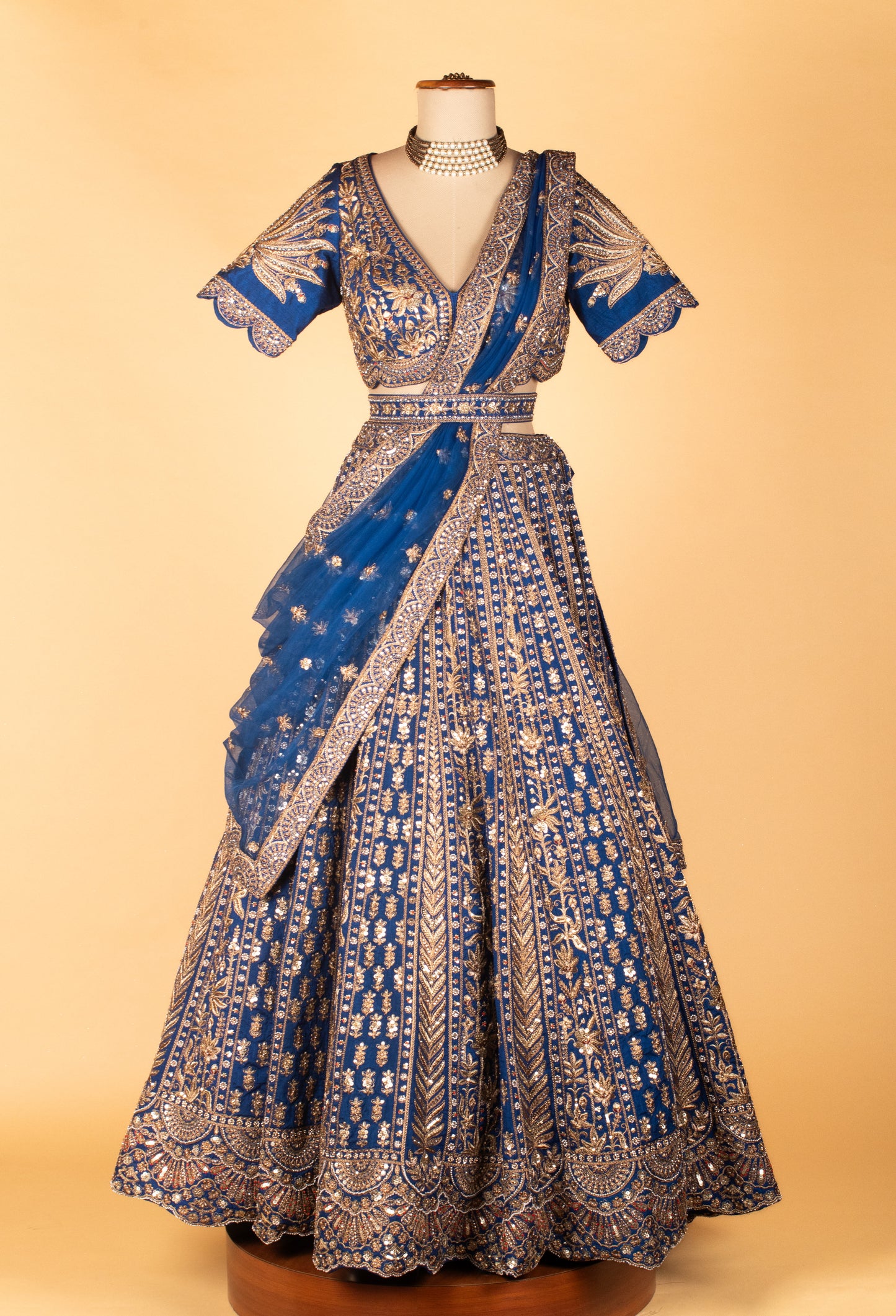 Royal Blue Heavy Zari & Resham Embroidered Lehenga with Short Sleeve Crop Top & Contrasting Dupatta