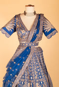 Royal Blue Heavy Zari & Resham Embroidered Lehenga with Short Sleeve Crop Top & Contrasting Dupatta