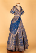Royal Blue Heavy Zari & Resham Embroidered Lehenga with Short Sleeve Crop Top & Contrasting Dupatta