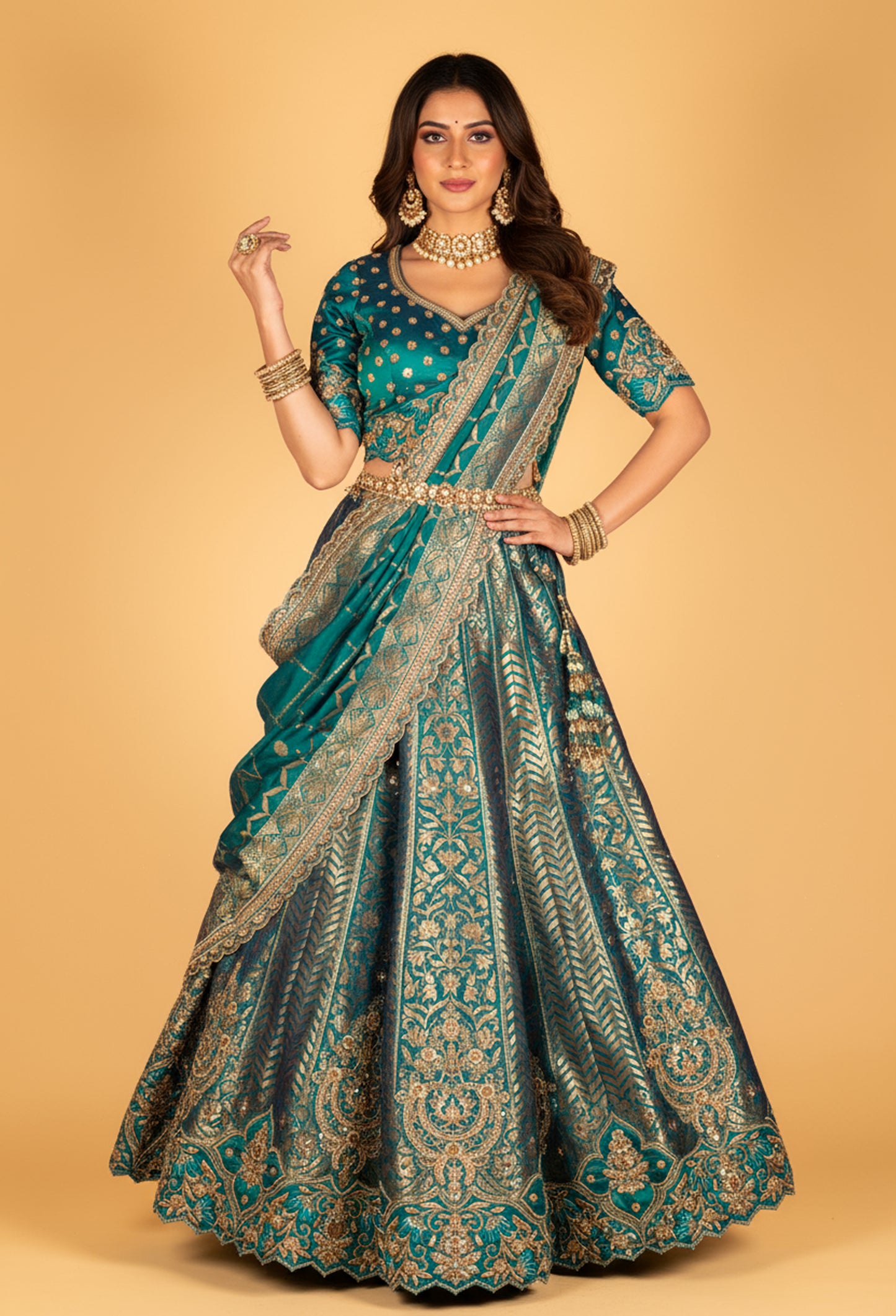 Teal Banarasi Brocade Lehenga with Embellished Crop Top & Woven Silk Dupatta
