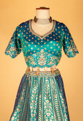 Teal Banarasi Brocade Lehenga with Embellished Crop Top & Woven Silk Dupatta