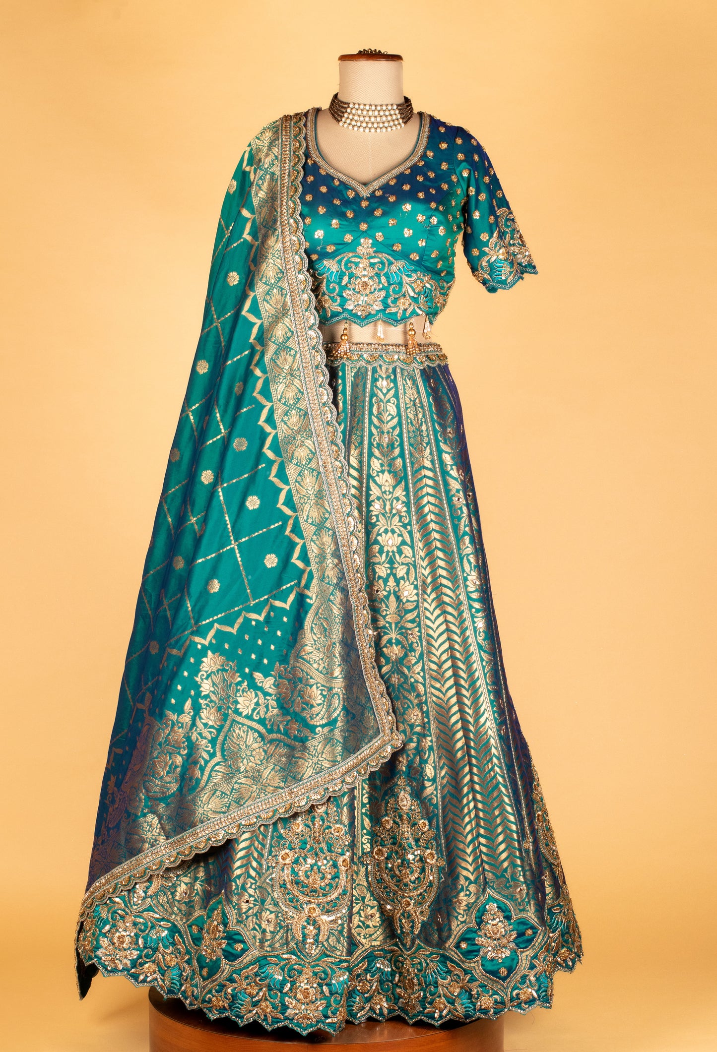 Teal Banarasi Brocade Lehenga with Embellished Crop Top & Woven Silk Dupatta
