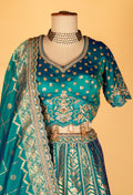Teal Banarasi Brocade Lehenga with Embellished Crop Top & Woven Silk Dupatta