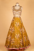 Mustard Floral Printed Lehenga with Embellished Crop Top & Cape-Style Dupatta