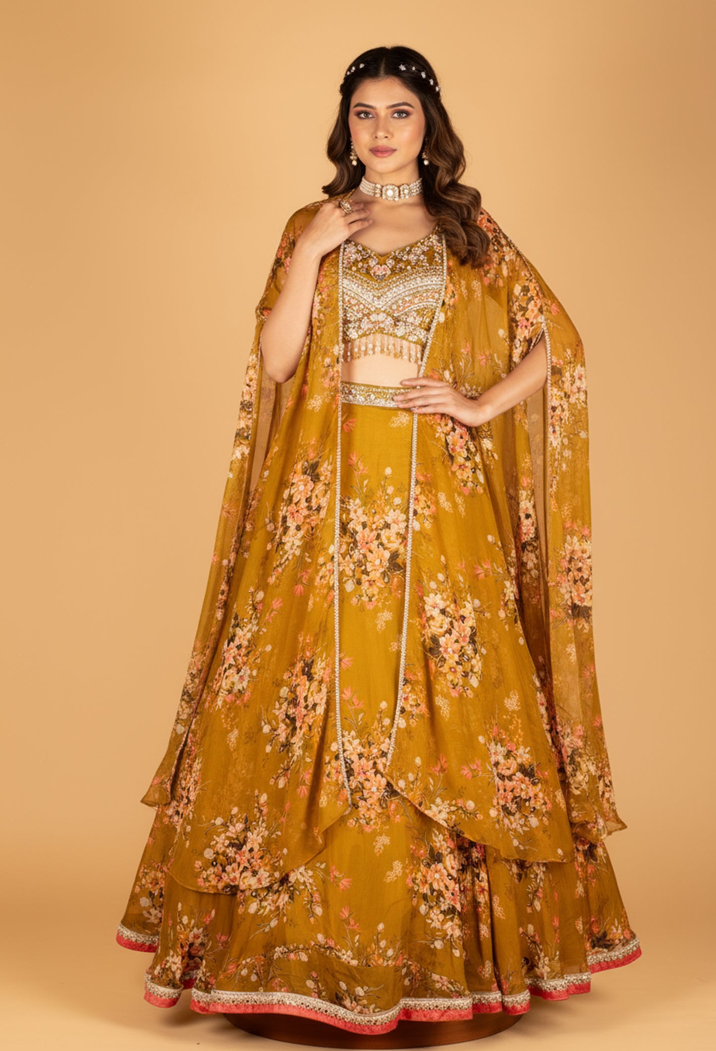 Mustard Floral Printed Lehenga with Embellished Crop Top & Cape-Style Dupatta