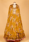 Mustard Floral Printed Lehenga with Embellished Crop Top & Cape-Style Dupatta