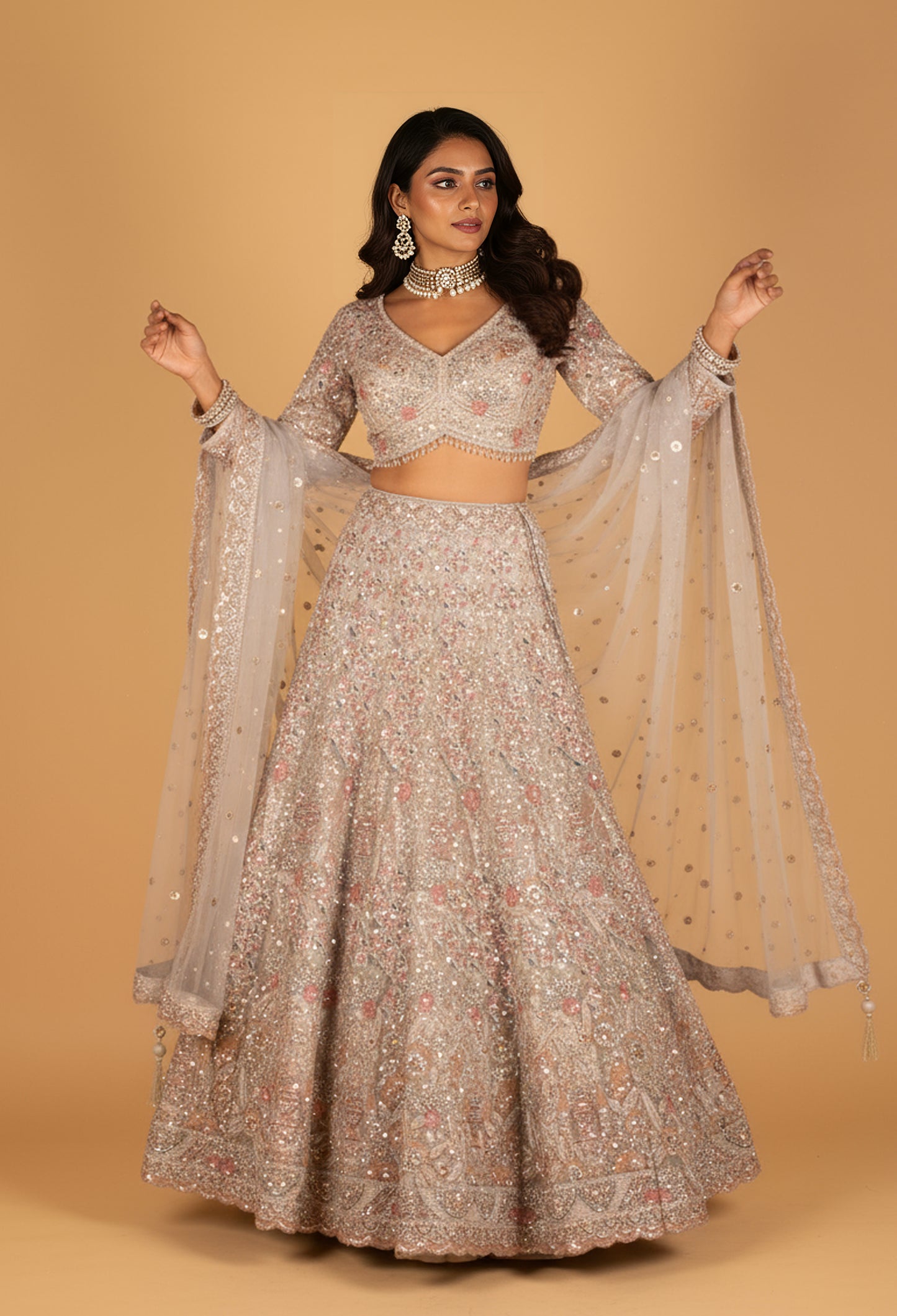 Champagne Heavy Embroidered Lehenga Set with Crop Top & Net Dupatta – Mirror & Sequin Handwork
