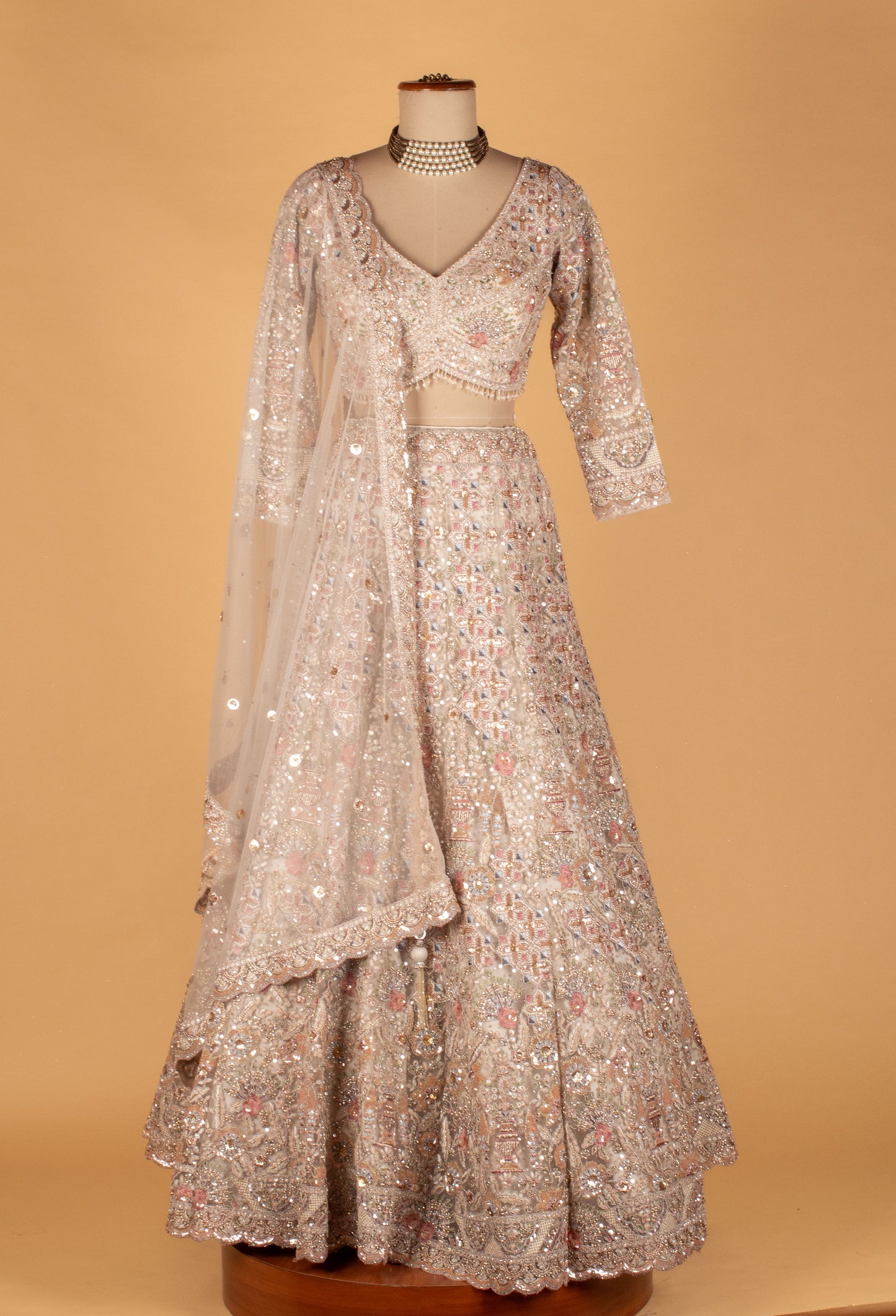 Champagne Heavy Embroidered Lehenga Set with Crop Top & Net Dupatta – Mirror & Sequin Handwork