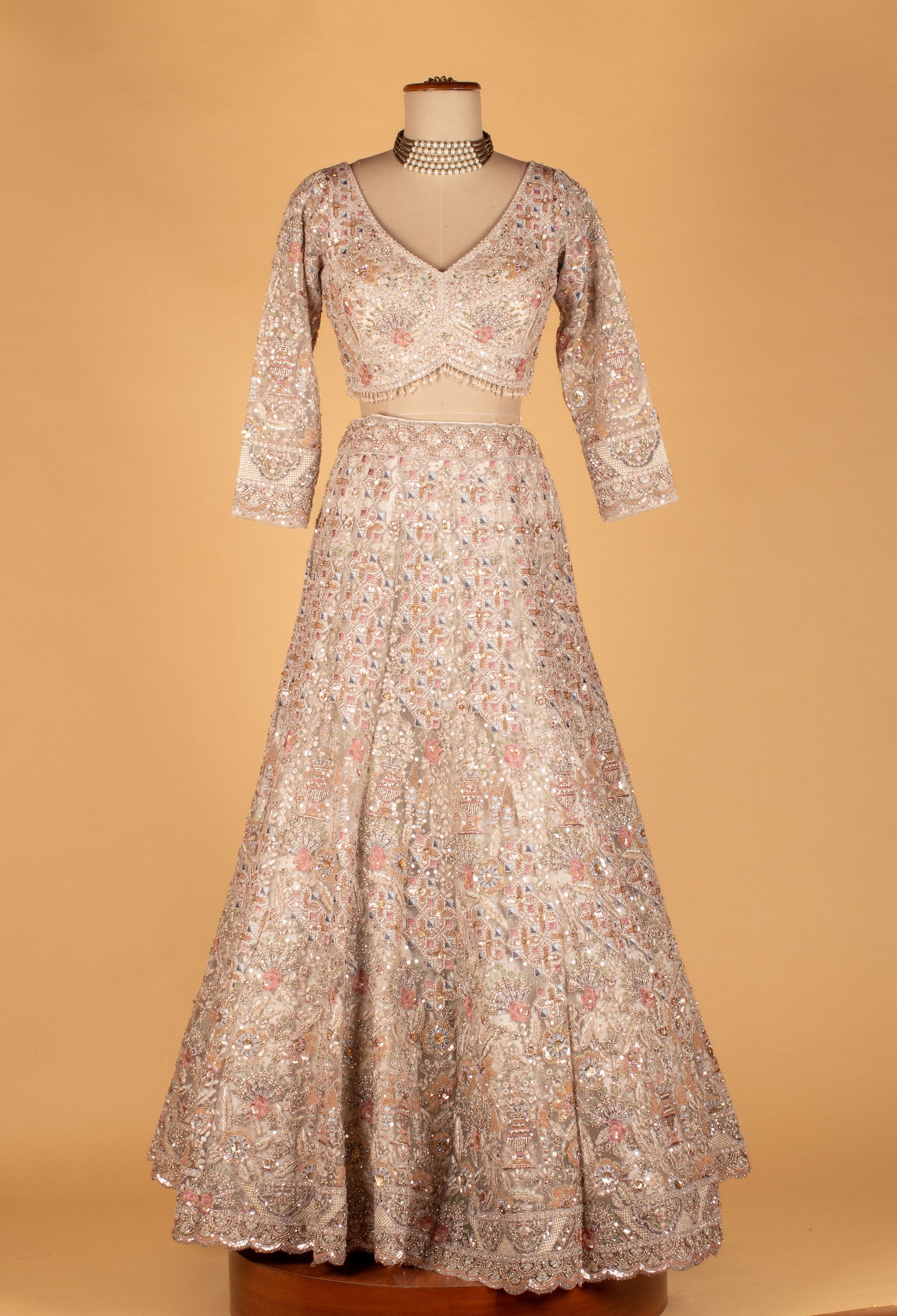 Champagne Heavy Embroidered Lehenga Set with Crop Top & Net Dupatta – Mirror & Sequin Handwork