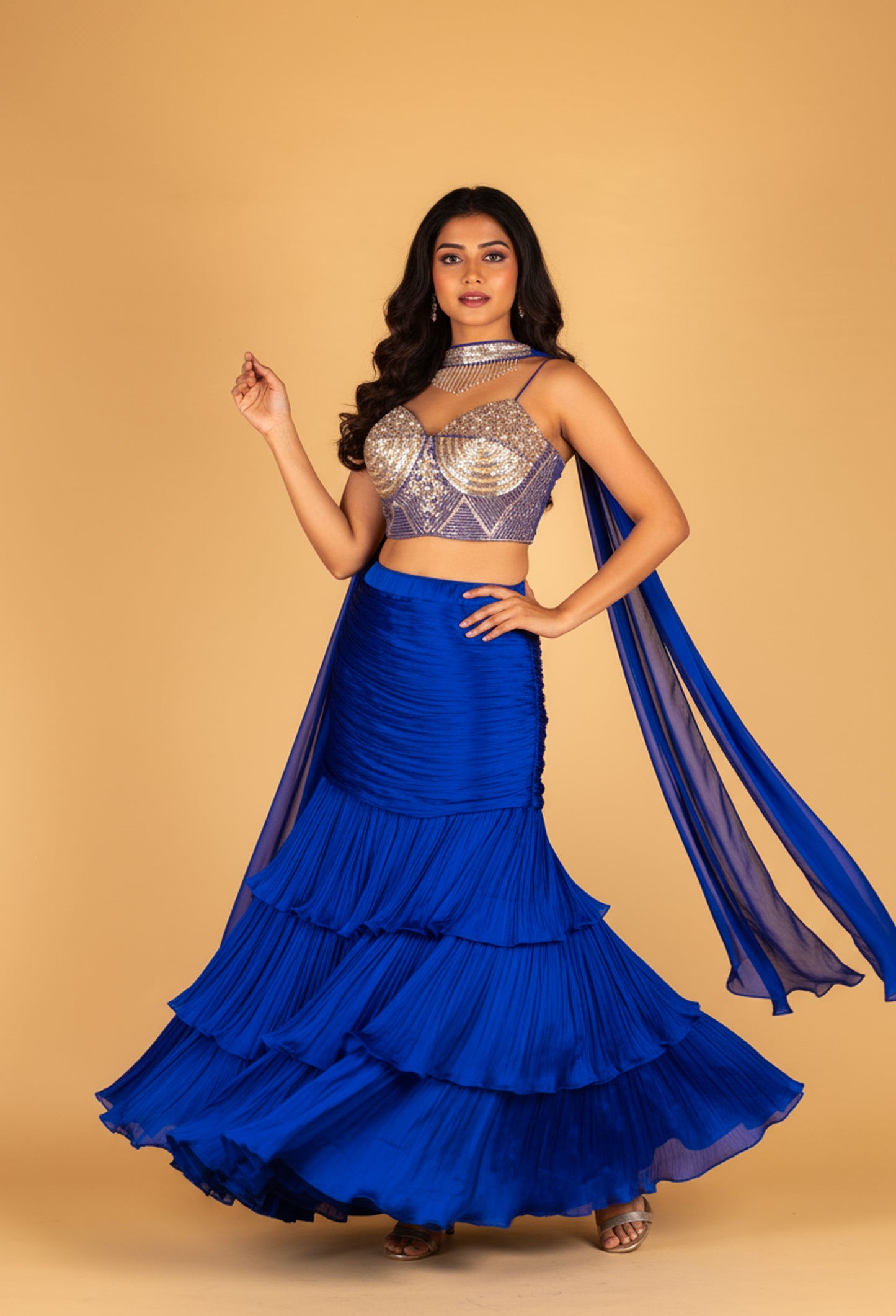 Royal Blue Ruffle Skirt Set with Structured Sequin Bustier & Draped Dupatta