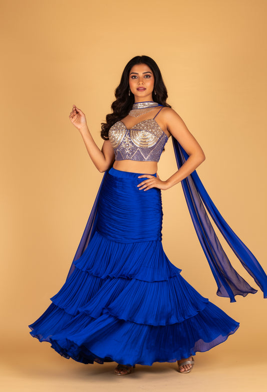 Royal Blue Ruffle Skirt Set with Structured Sequin Bustier & Draped Dupatta
