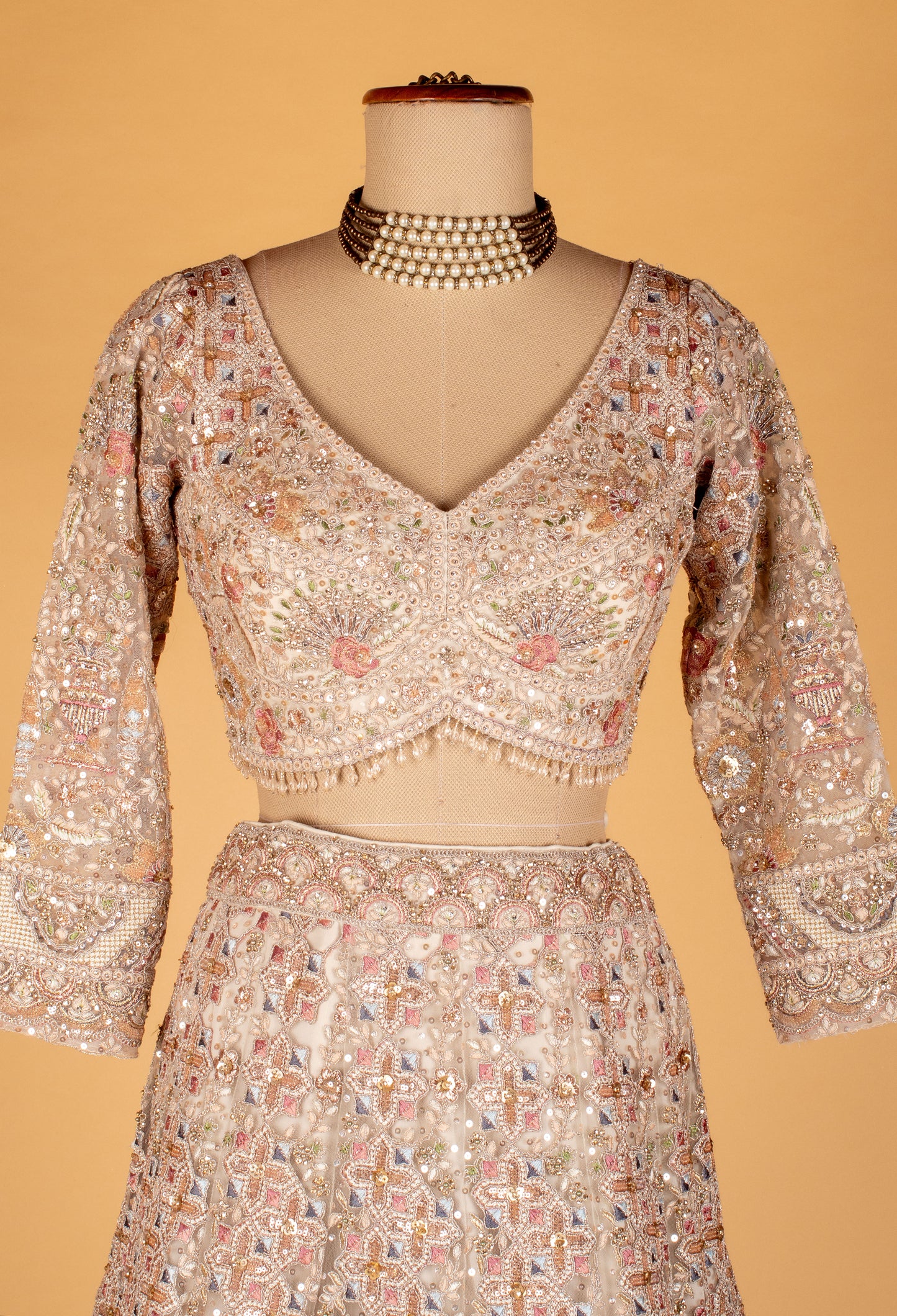 Champagne Heavy Embroidered Lehenga Set with Crop Top & Net Dupatta – Mirror & Sequin Handwork