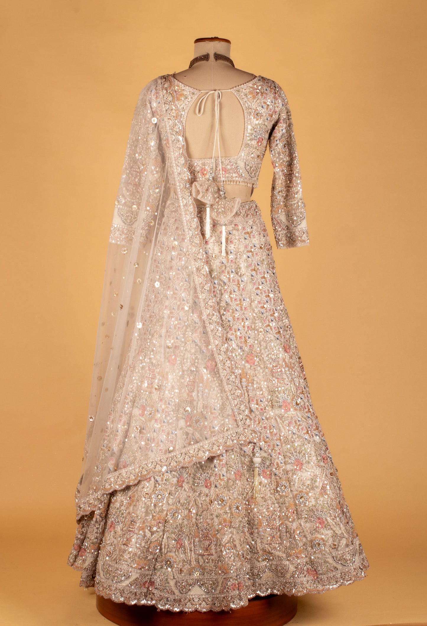 Champagne Heavy Embroidered Lehenga Set with Crop Top & Net Dupatta – Mirror & Sequin Handwork