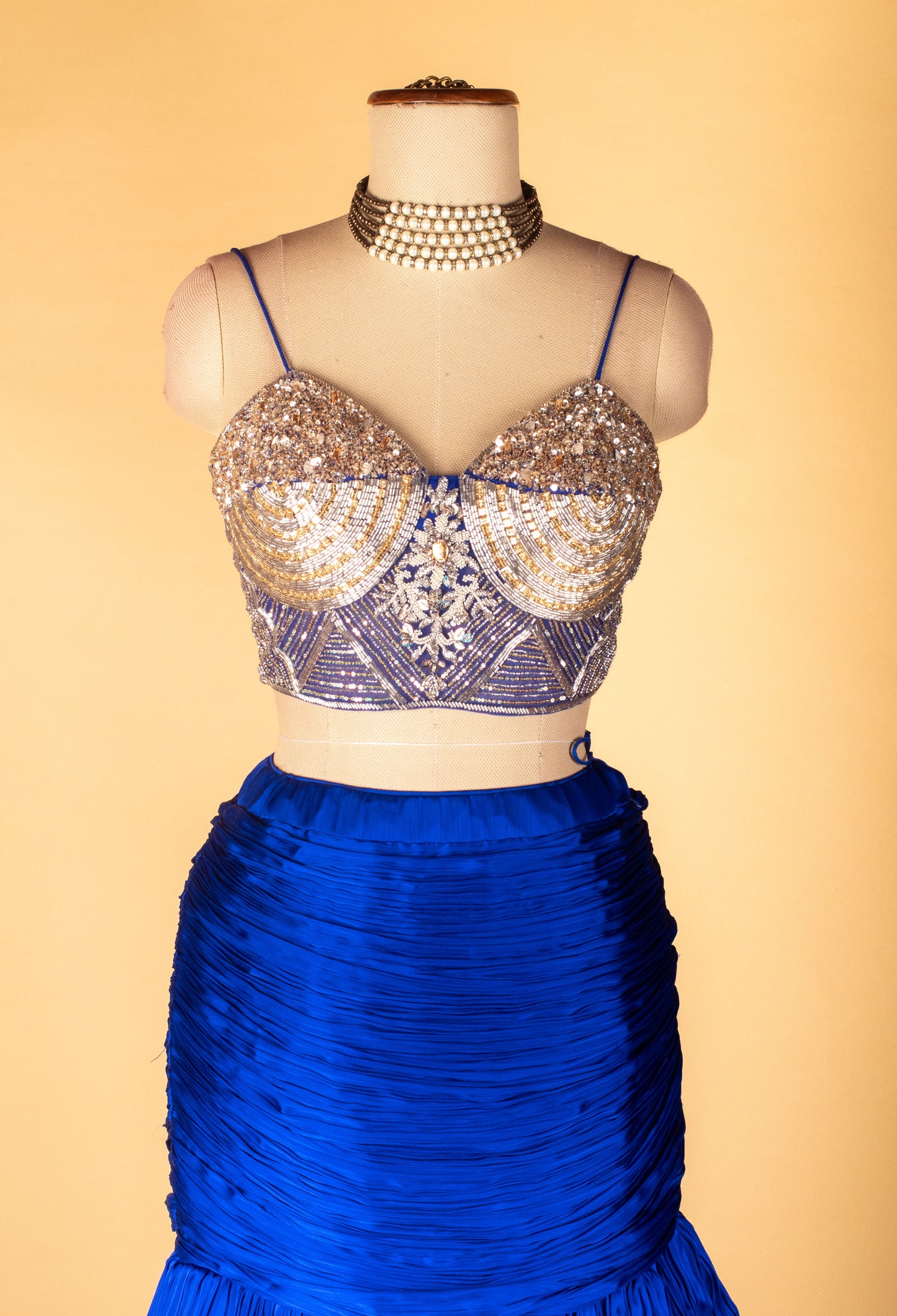 Royal Blue Ruffle Skirt Set with Structured Sequin Bustier & Draped Dupatta