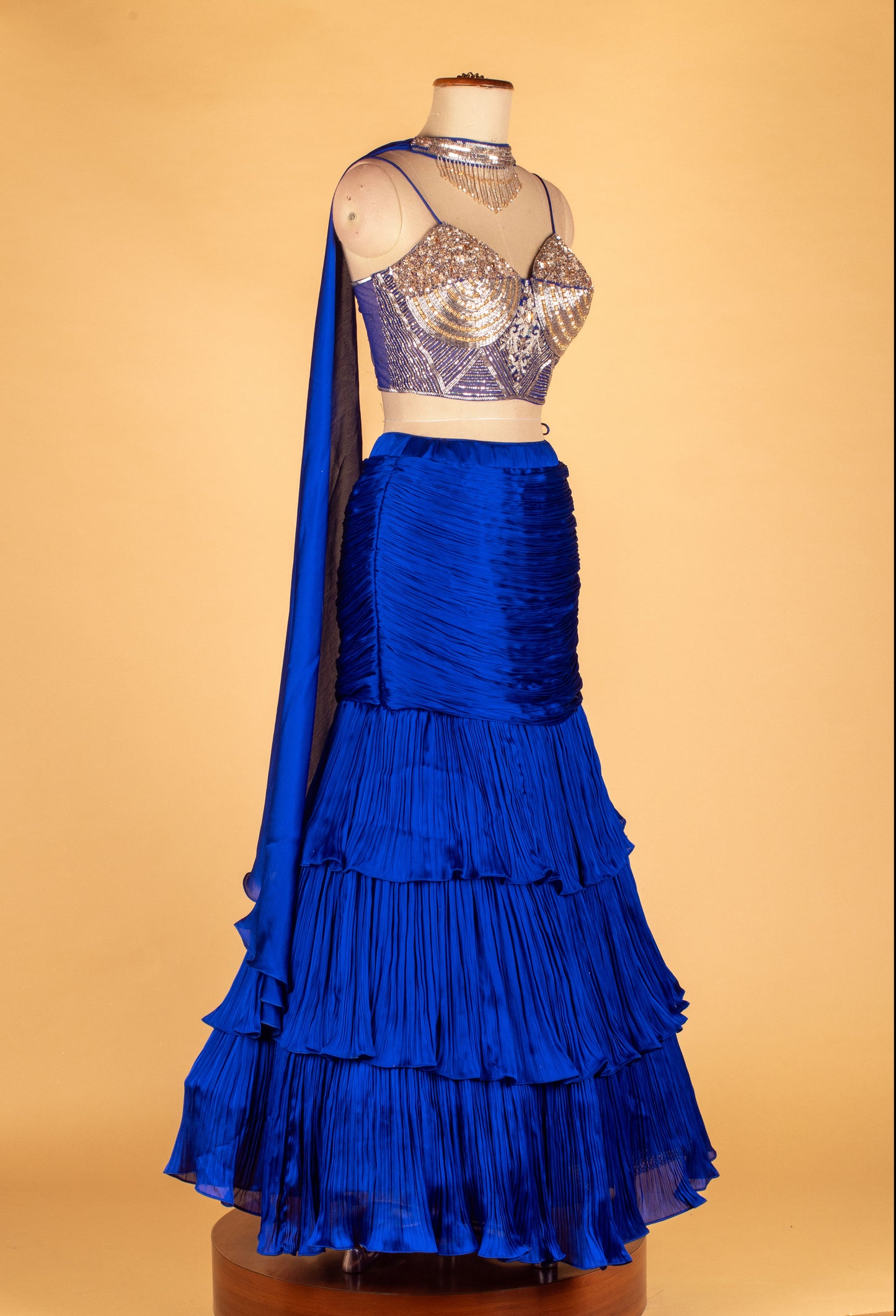 Royal Blue Ruffle Skirt Set with Structured Sequin Bustier & Draped Dupatta