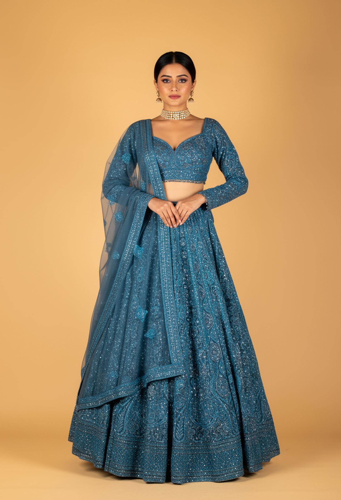 Teal Intricately Hand-Embroidered Lehenga with Long-Sleeve Crop Top & Textured Net Dupatta
