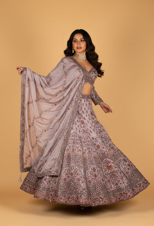 Lavender Heavy Embroidered Lehenga Set with Crop Top & Dupatta – Sequins & Zari Work