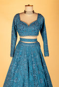 Teal Intricately Hand-Embroidered Lehenga with Long-Sleeve Crop Top & Textured Net Dupatta