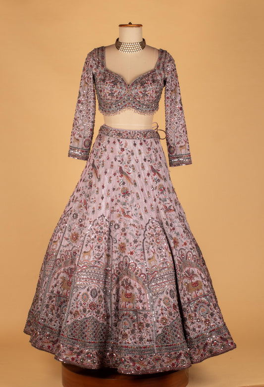 Lavender heavy embroidered lehenga set with crop top and dupatta – product image 2