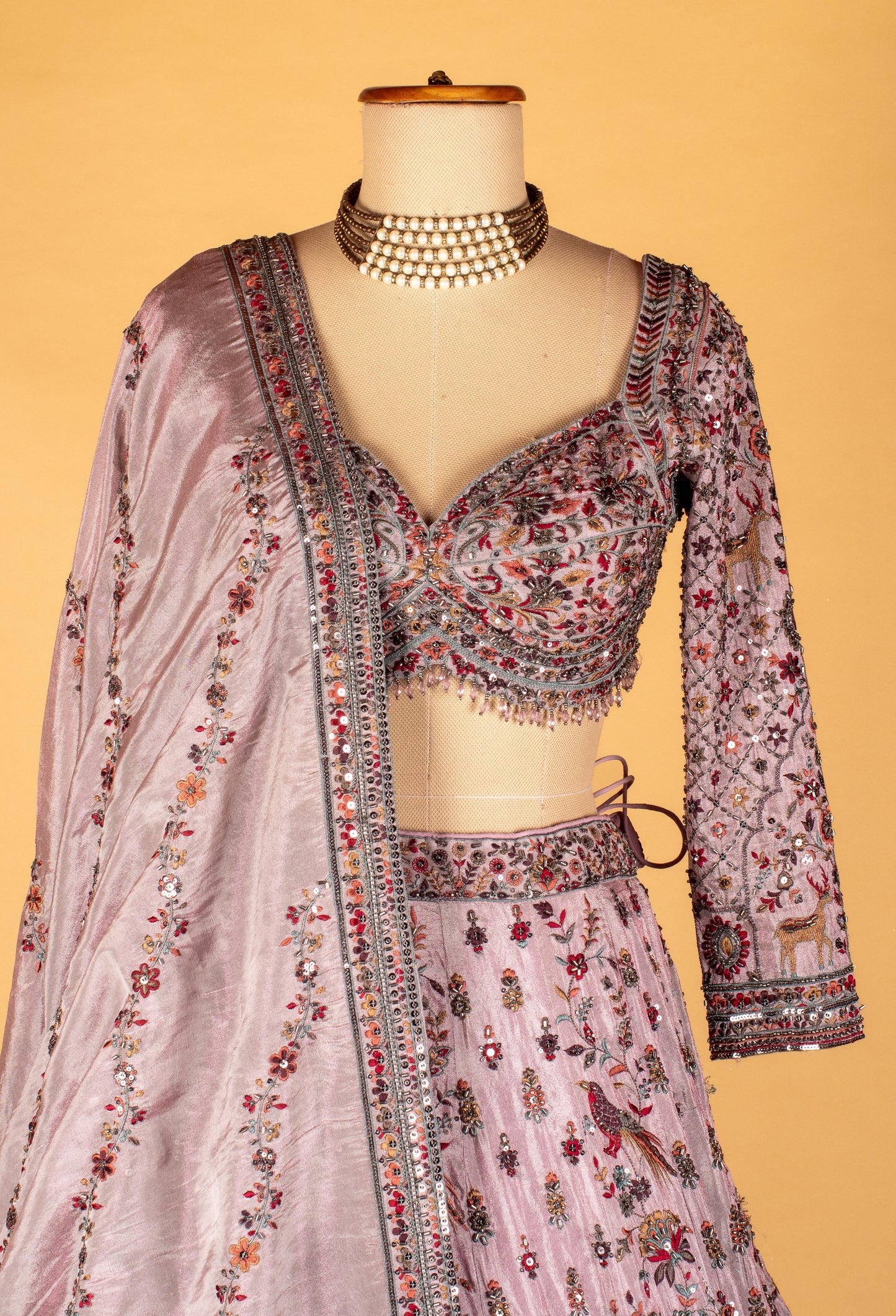 Lavender Heavy Embroidered Lehenga Set with Crop Top & Dupatta – Sequins & Zari Work