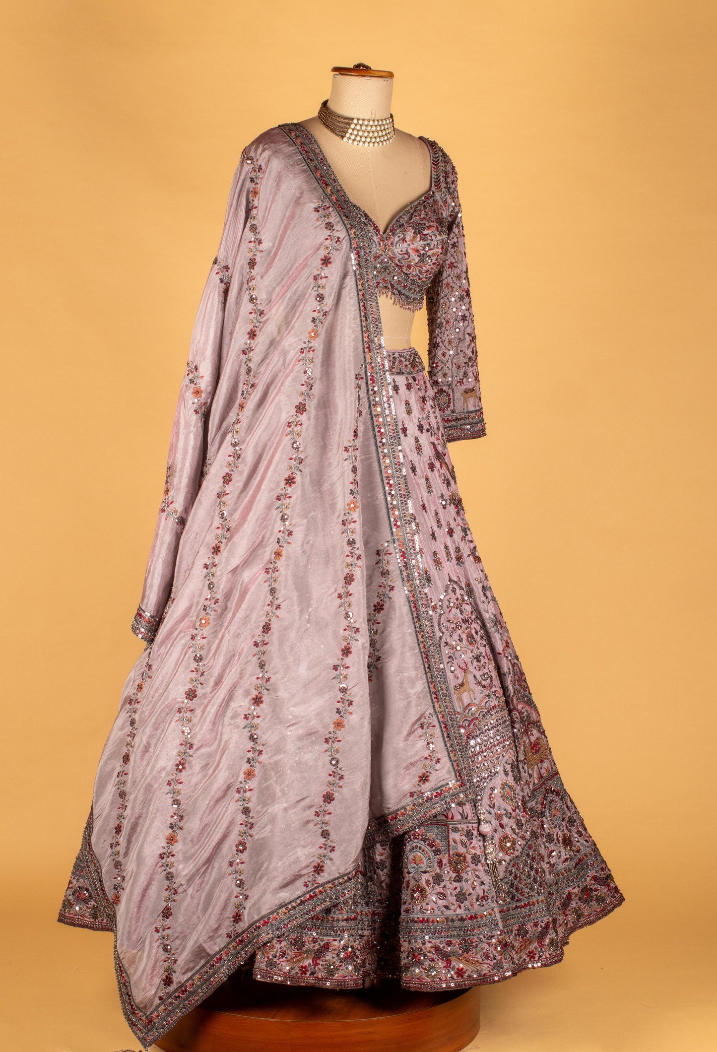 Lavender Heavy Embroidered Lehenga Set with Crop Top & Dupatta – Sequins & Zari Work