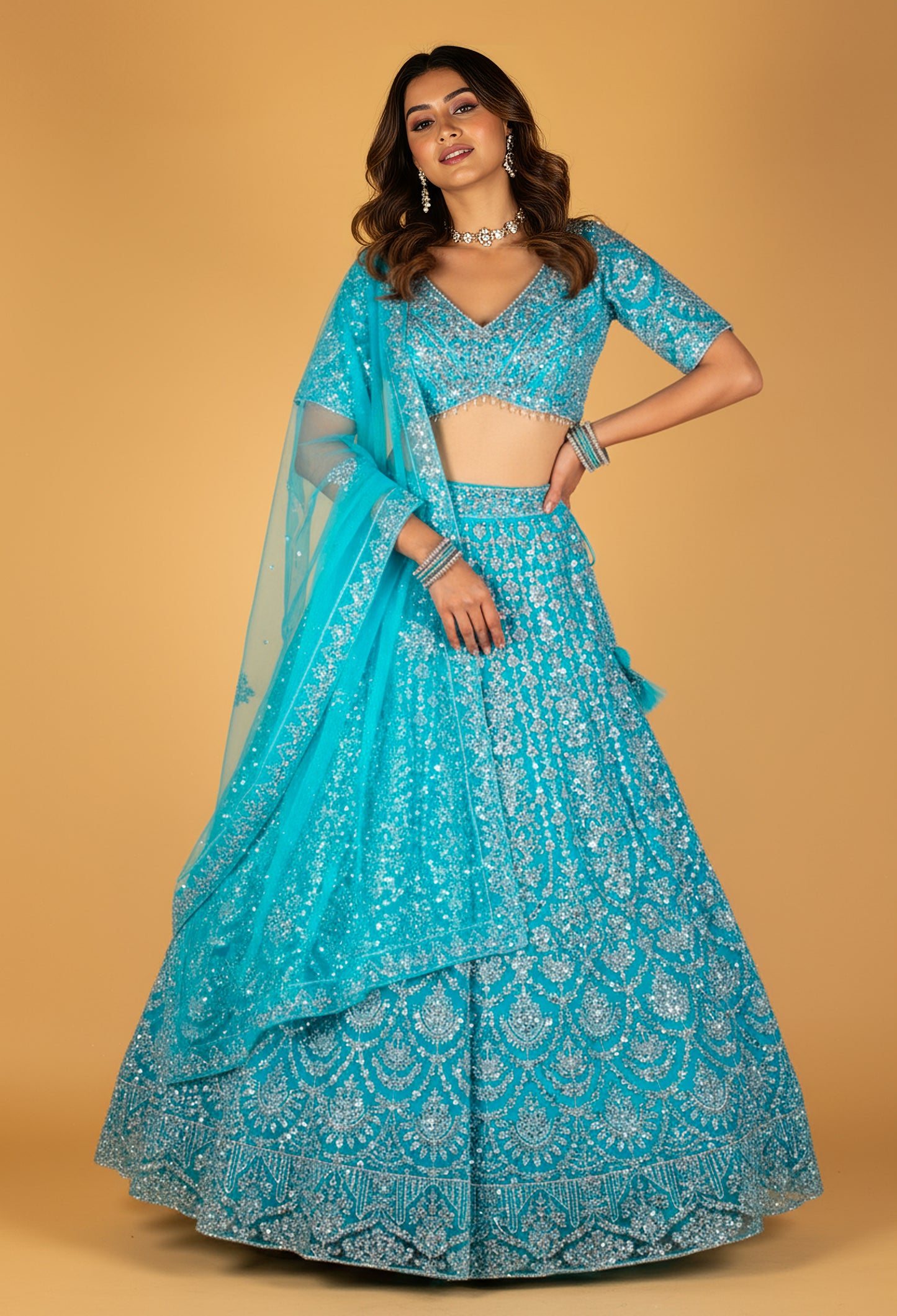 Aqua Blue Sequin Embroidered Lehenga Set with Crop Top & Net Dupatta – Party & Reception Wear