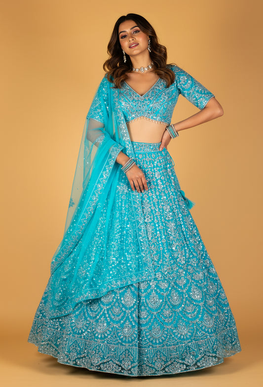 Aqua Blue Sequin Embroidered Lehenga Set with Crop Top & Net Dupatta – Party & Reception Wear