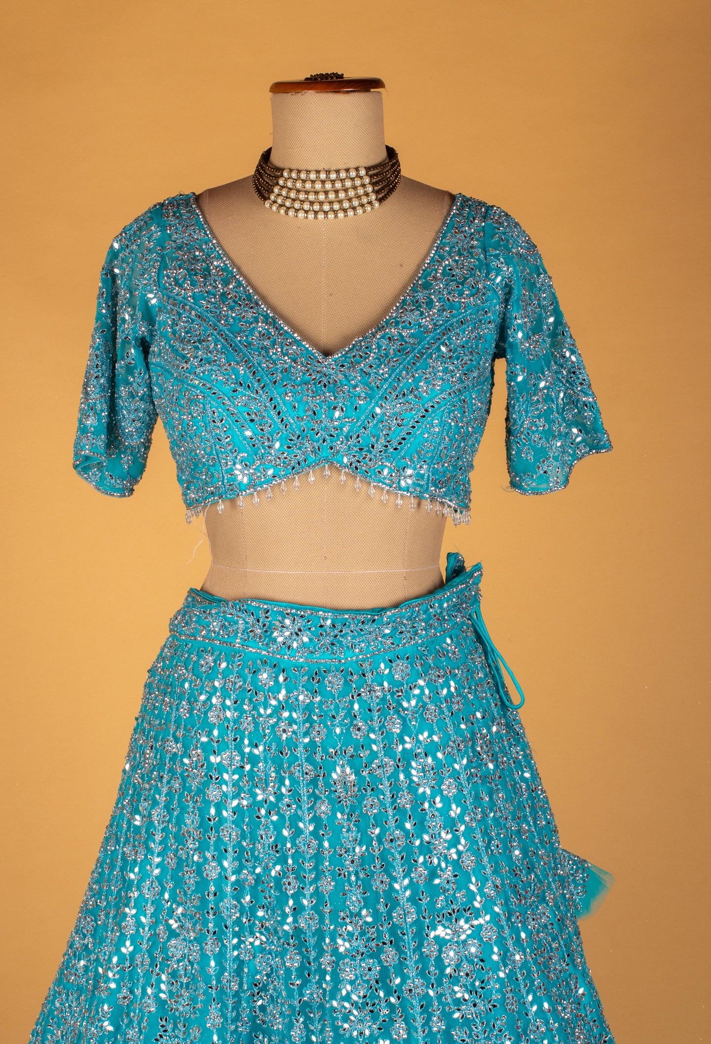 Aqua Blue Sequin Embroidered Lehenga Set with Crop Top & Net Dupatta – Party & Reception Wear