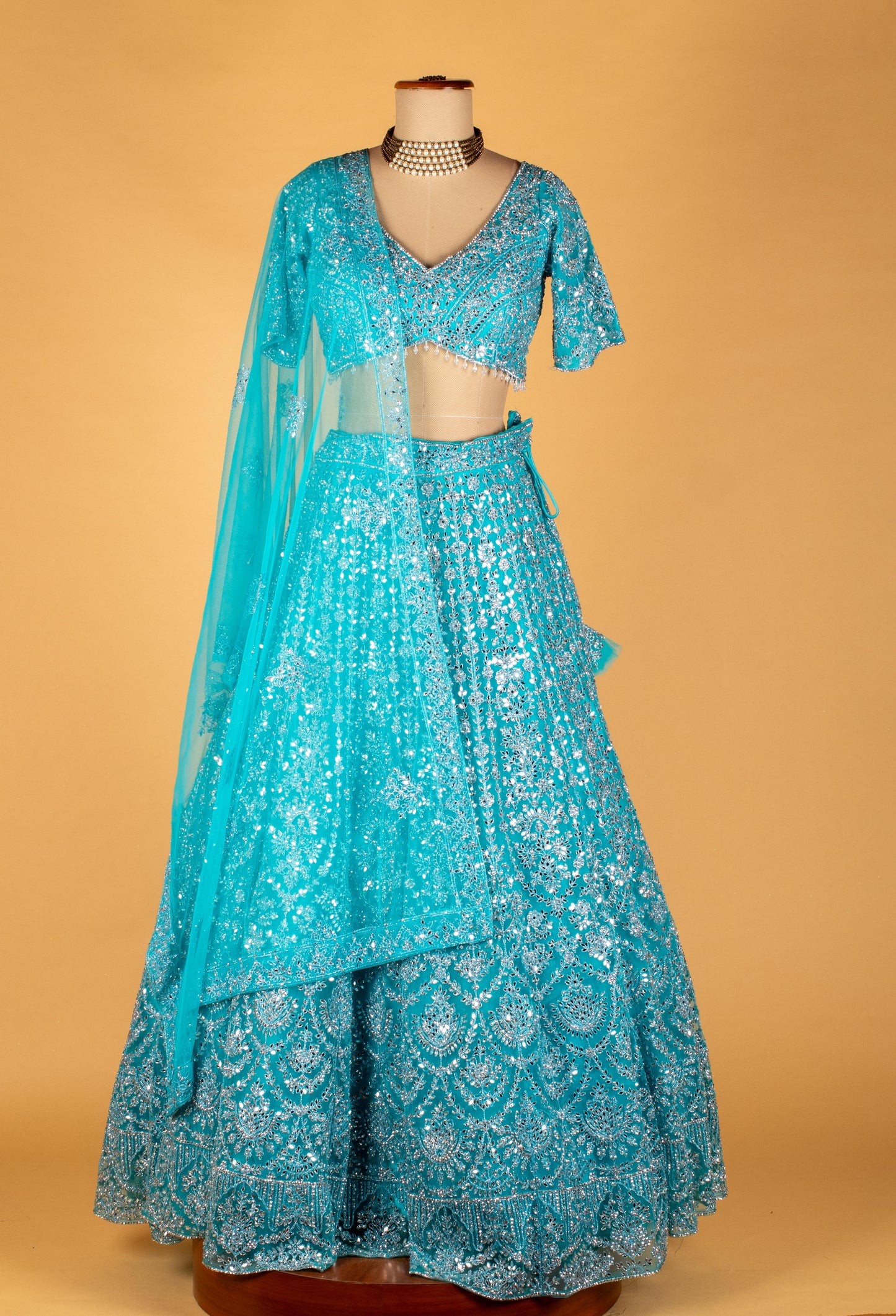 Aqua Blue Sequin Embroidered Lehenga Set with Crop Top & Net Dupatta – Party & Reception Wear