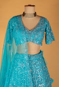 Aqua Blue Sequin Embroidered Lehenga Set with Crop Top & Net Dupatta – Party & Reception Wear