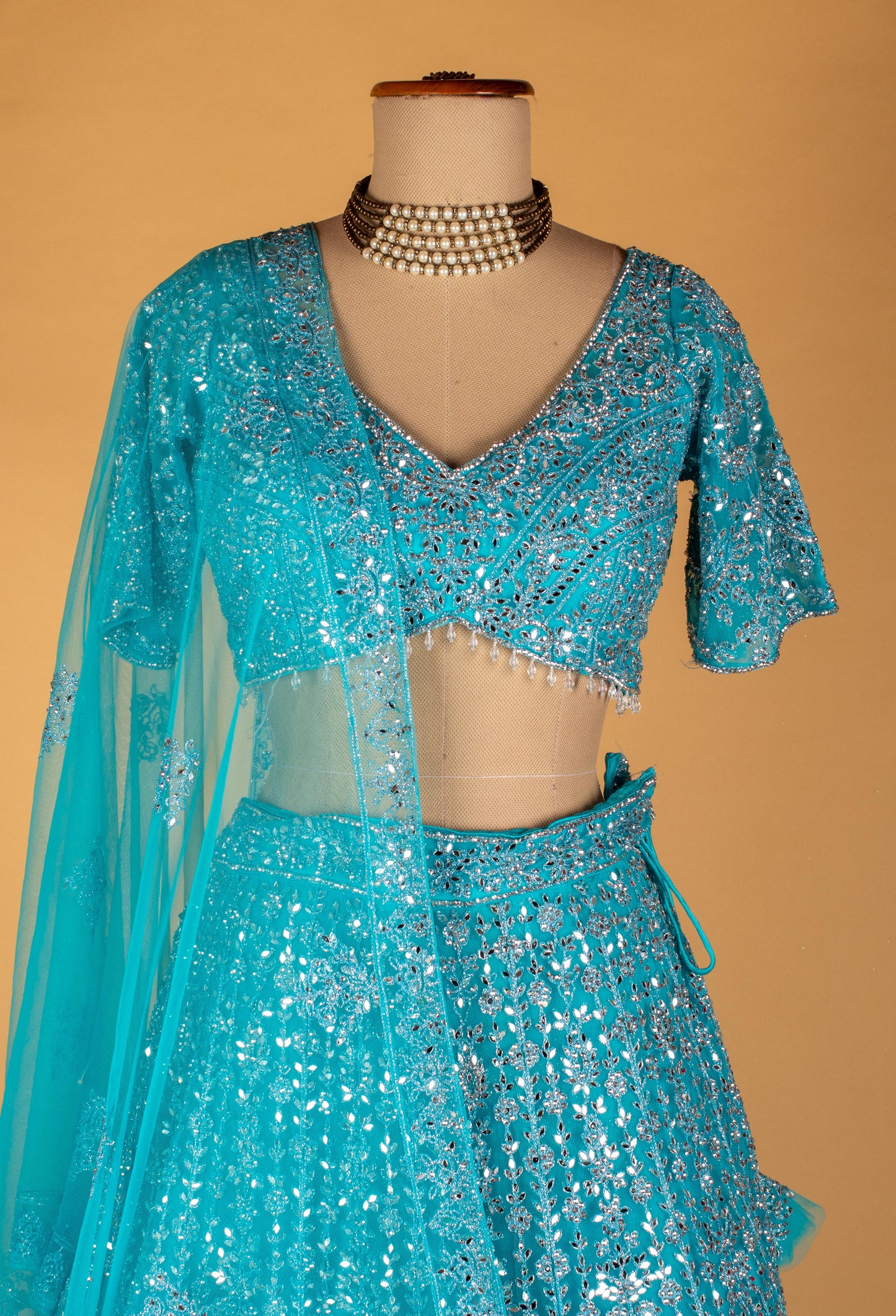 Aqua Blue Sequin Embroidered Lehenga Set with Crop Top & Net Dupatta – Party & Reception Wear