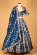 Navy Blue Banarasi Woven Lehenga with Embellished Crop Top & Threadwork Dupatta