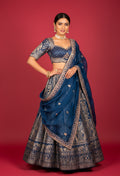Navy Blue Banarasi Woven Lehenga with Embellished Crop Top & Threadwork Dupatta