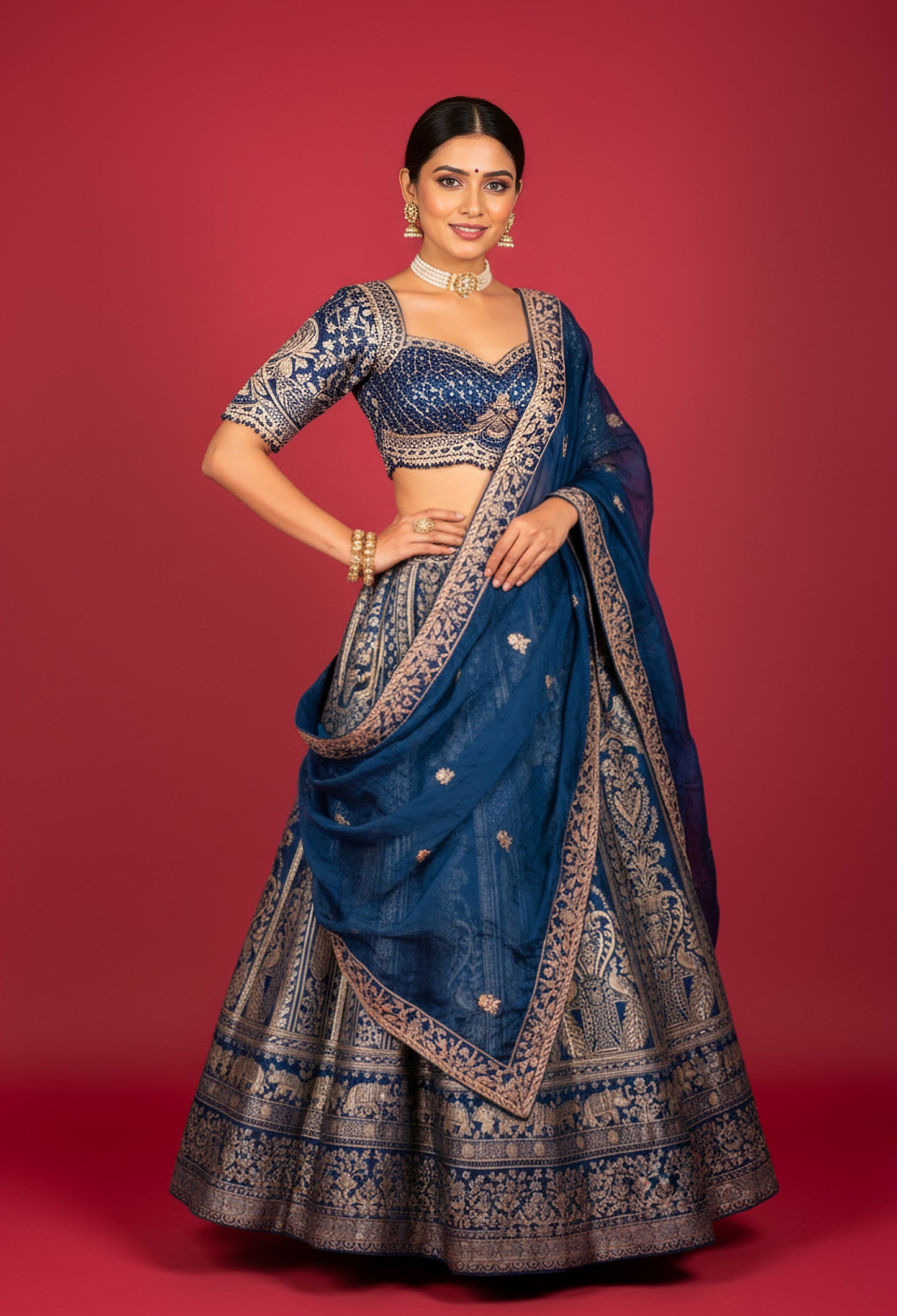 Navy Blue Banarasi Woven Lehenga with Embellished Crop Top & Threadwork Dupatta