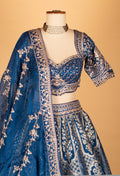 Navy Blue Banarasi Woven Lehenga with Embellished Crop Top & Threadwork Dupatta