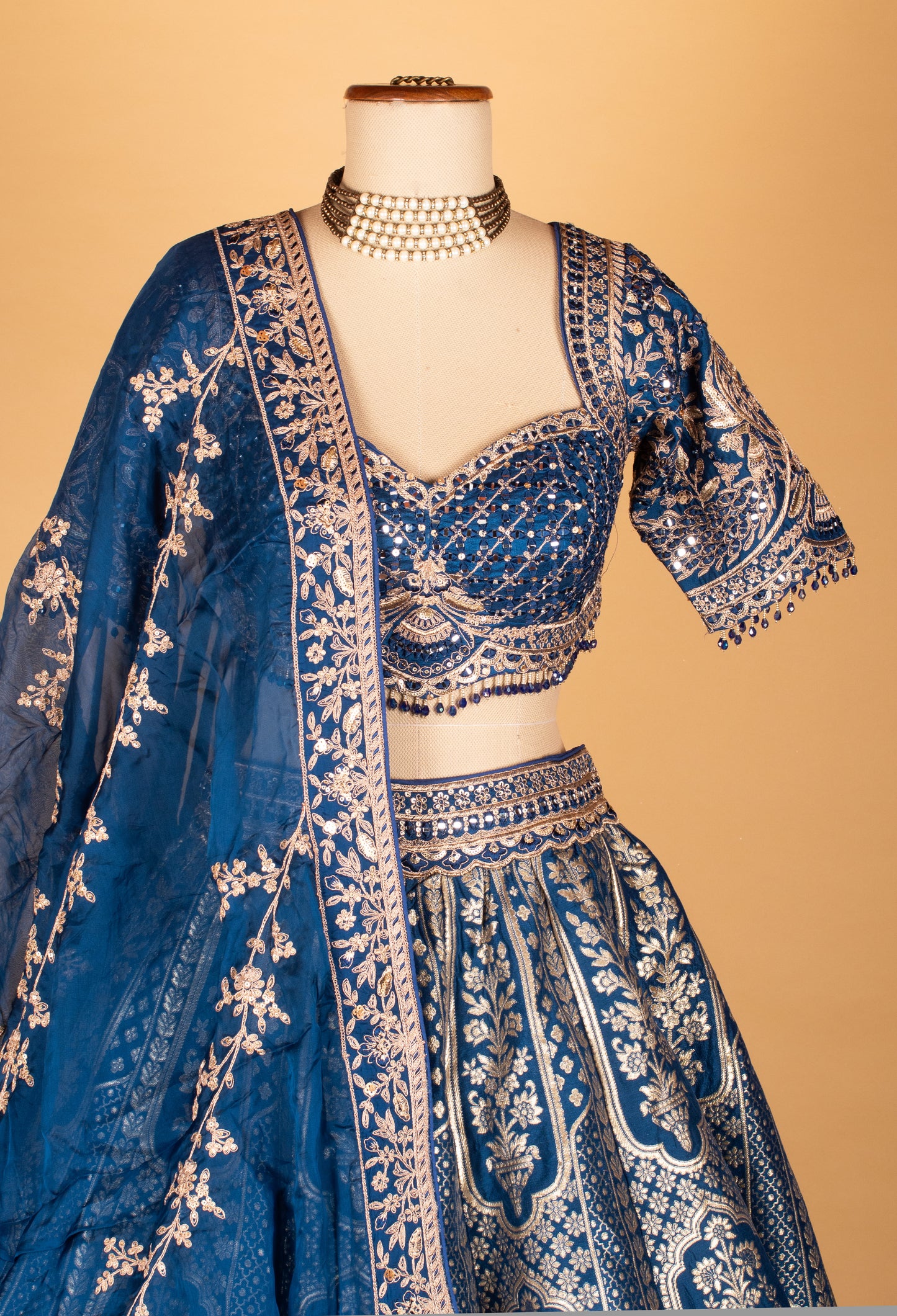 Navy Blue Banarasi Woven Lehenga with Embellished Crop Top & Threadwork Dupatta