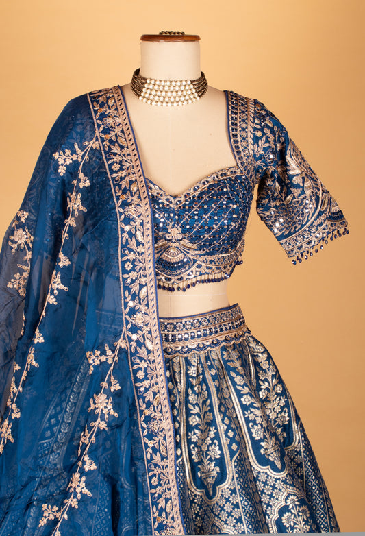Navy blue Banarasi woven lehenga with embroidered crop top – product image 2