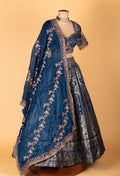 Navy Blue Banarasi Woven Lehenga with Embellished Crop Top & Threadwork Dupatta