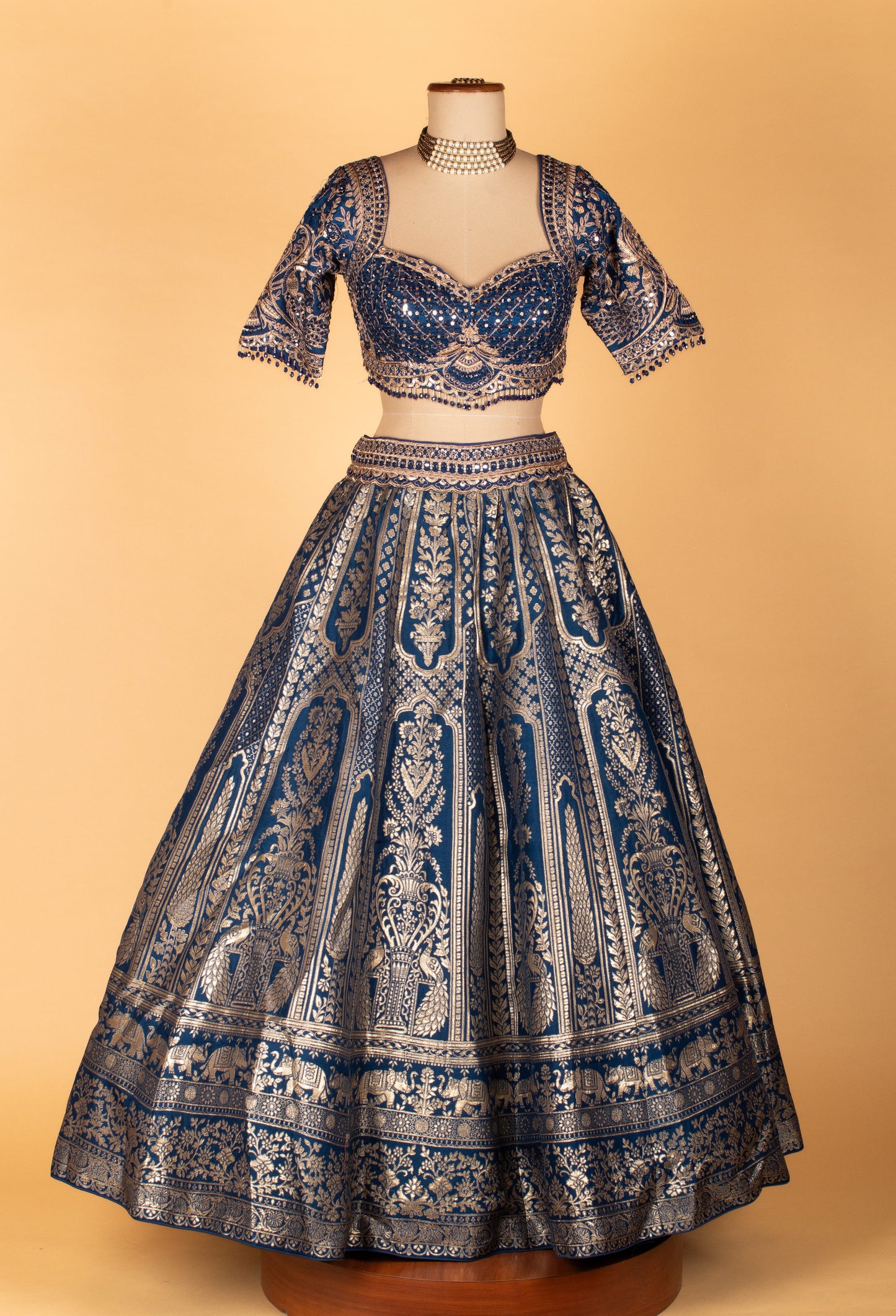 Navy Blue Banarasi Woven Lehenga with Embellished Crop Top & Threadwork Dupatta