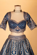 Navy Blue Banarasi Woven Lehenga with Embellished Crop Top & Threadwork Dupatta