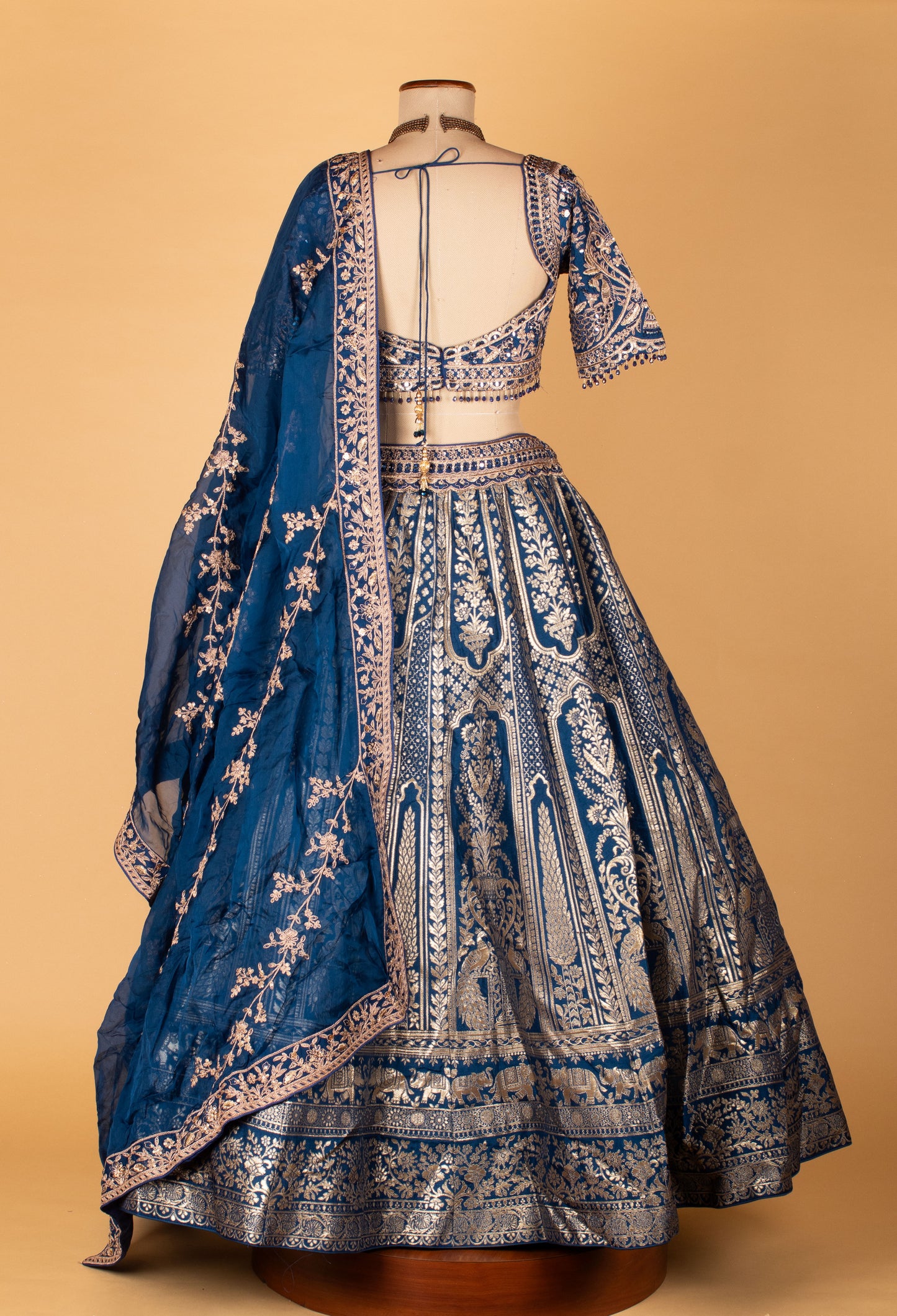 Navy Blue Banarasi Woven Lehenga with Embellished Crop Top & Threadwork Dupatta