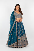 Teal Blue Embroidered Lehenga with Scalloped Crop Top & Sheer Organza Dupatt