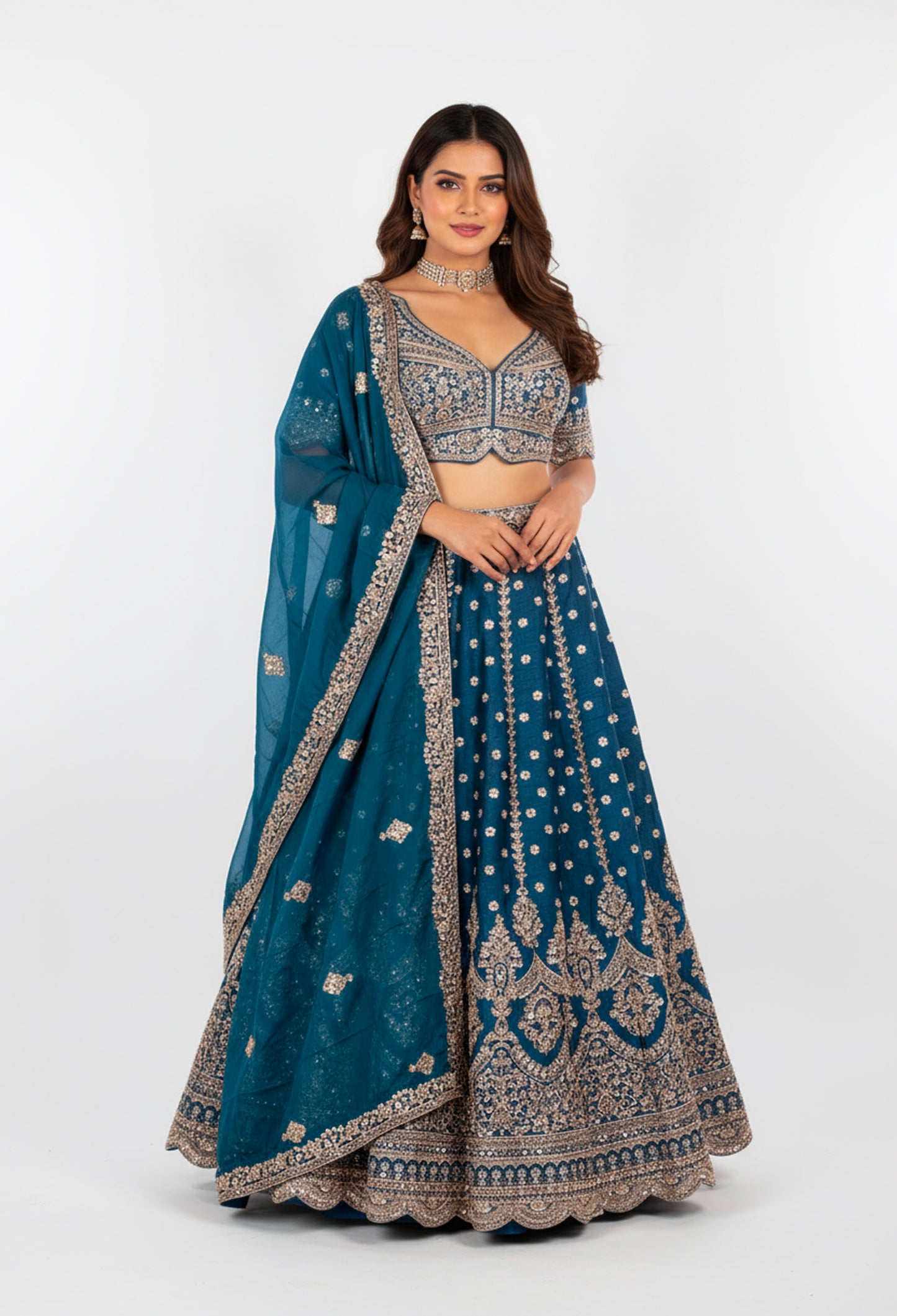 Teal Blue Embroidered Lehenga with Scalloped Crop Top & Sheer Organza Dupatt