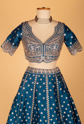 Teal Blue Embroidered Lehenga with Scalloped Crop Top & Sheer Organza Dupatt