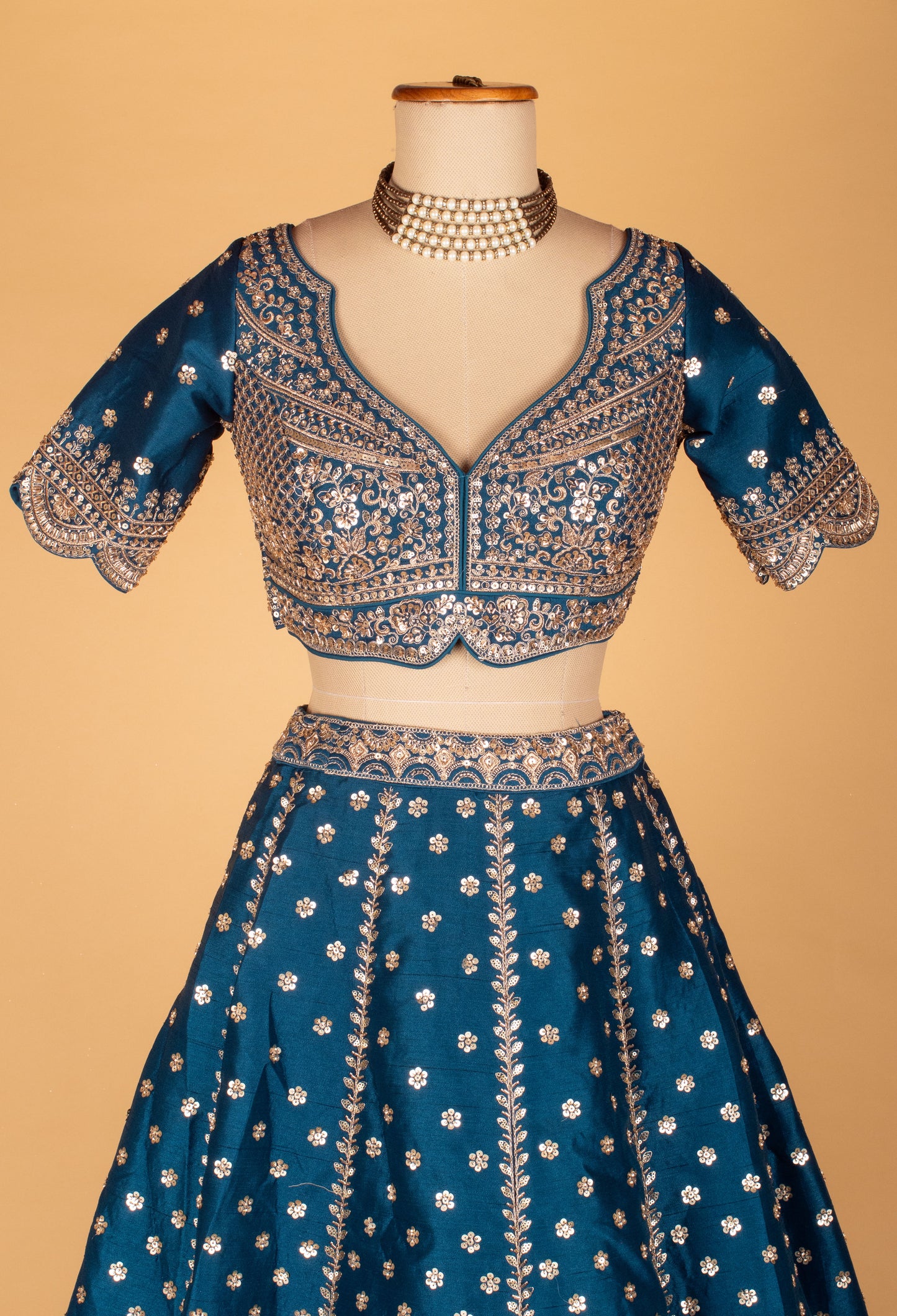 Teal Blue Embroidered Lehenga with Scalloped Crop Top & Sheer Organza Dupatt